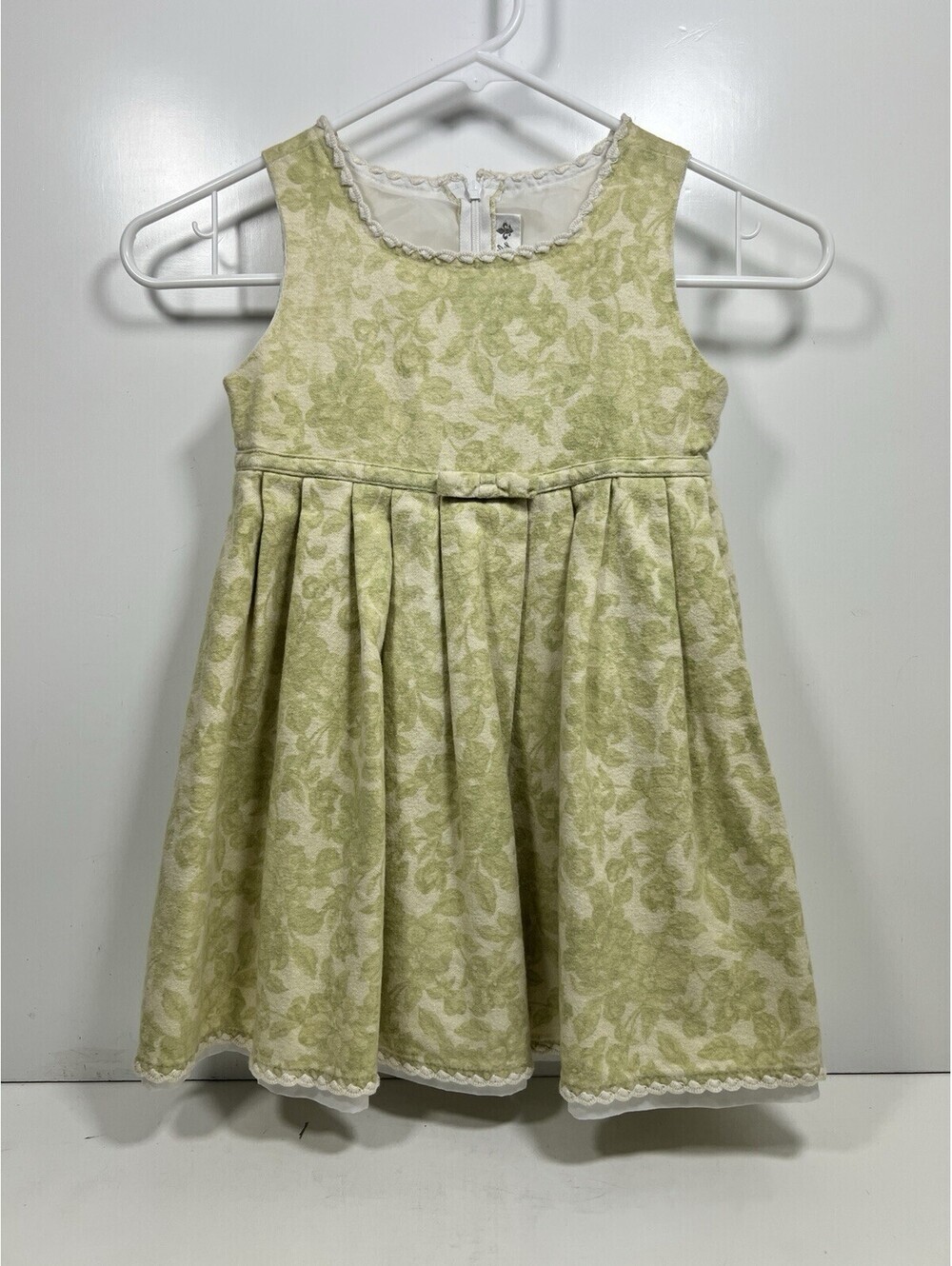 Trish Scully Girls 4T Sleeveless Green Toile Dress Embroidered Bow Cottage